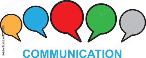 Vector design of speech bubbles and a "communication" text on a white background