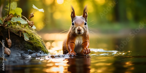 A squirrel in a water with a green blur background and a tree with leaves a squirrel flew across the water Ai Generative