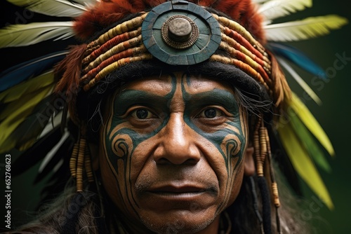 Huli tribe man with face painted from Papua New Guinea at jungle.