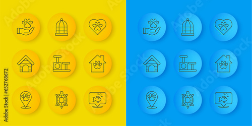 Set line Location veterinary hospital, Dog house, Cat scratching post with toy, Fish, Pet, Hands animals footprint, Heart and Cage for birds icon. Vector