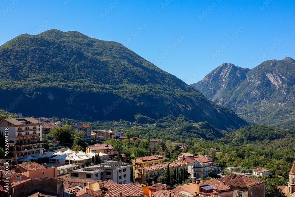 Beautiful cityscape of Lauria laying at the foot of green mountains in Basilicata, southern Italy