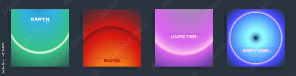 Neon Space Gradient Square Cards Set. Cyberpunk Sci-Fi and Space Neon Vibes. Abstract Futuristic Layouts with Earth and Mars Elements. Vector Minimal Tech Templates for Banners, Posts and Backdrops.