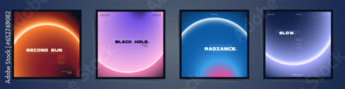 Gradient Square Card or Post Templates with Neon Abstract Rings and Futuristic Technology Font in Dark Space Theme.	