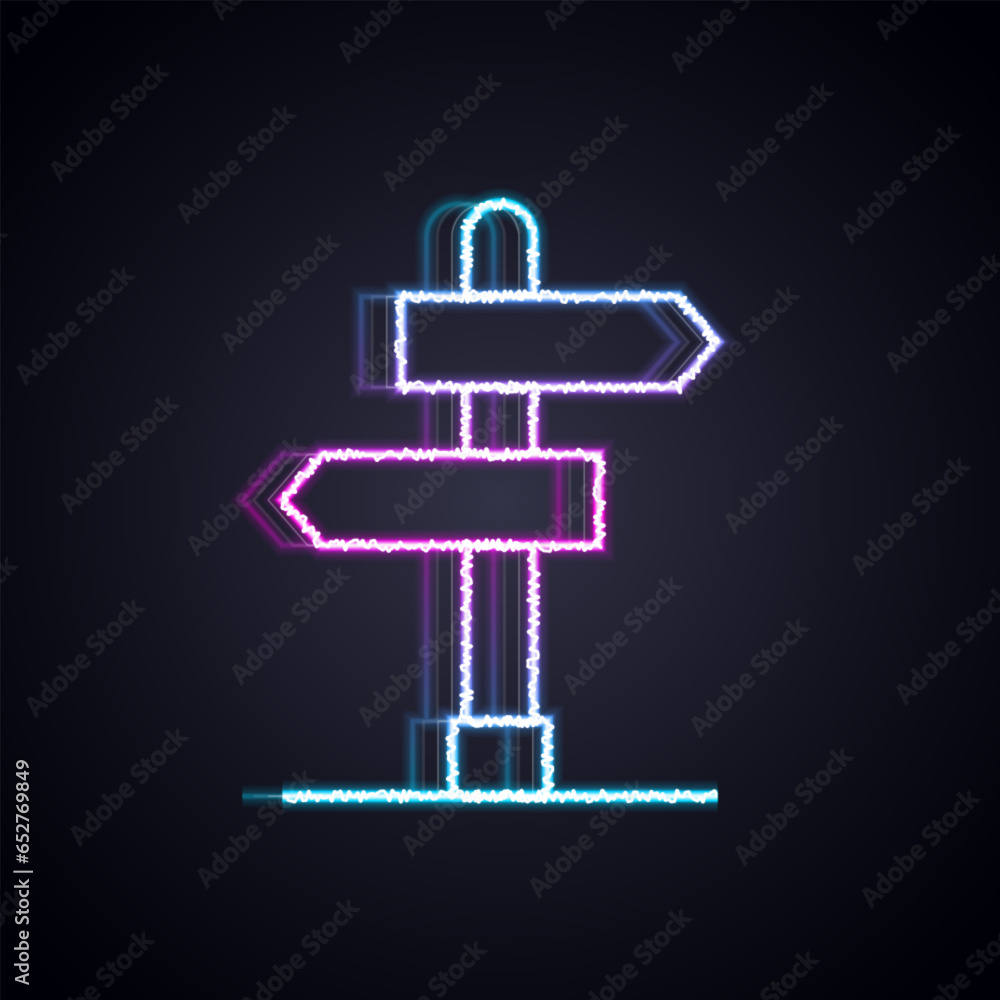 Glowing neon line Road traffic sign. Signpost icon isolated on black background. Pointer symbol. Isolated street information sign. Direction sign. Vector