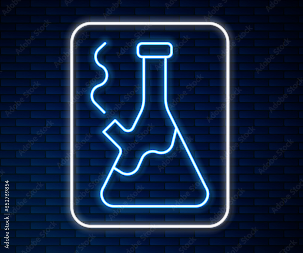 Glowing neon line Glass bong for smoking marijuana or cannabis icon isolated on brick wall background. Vector Glowing neon line Glass bong for smoking marijuana or cannabis icon isolated on brick wall background. Vector