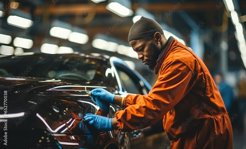 Male mechanic polishing car in repair shop, Car body polishing concept. Male mechanic polishing car in repair shop, Car body polishing concept.