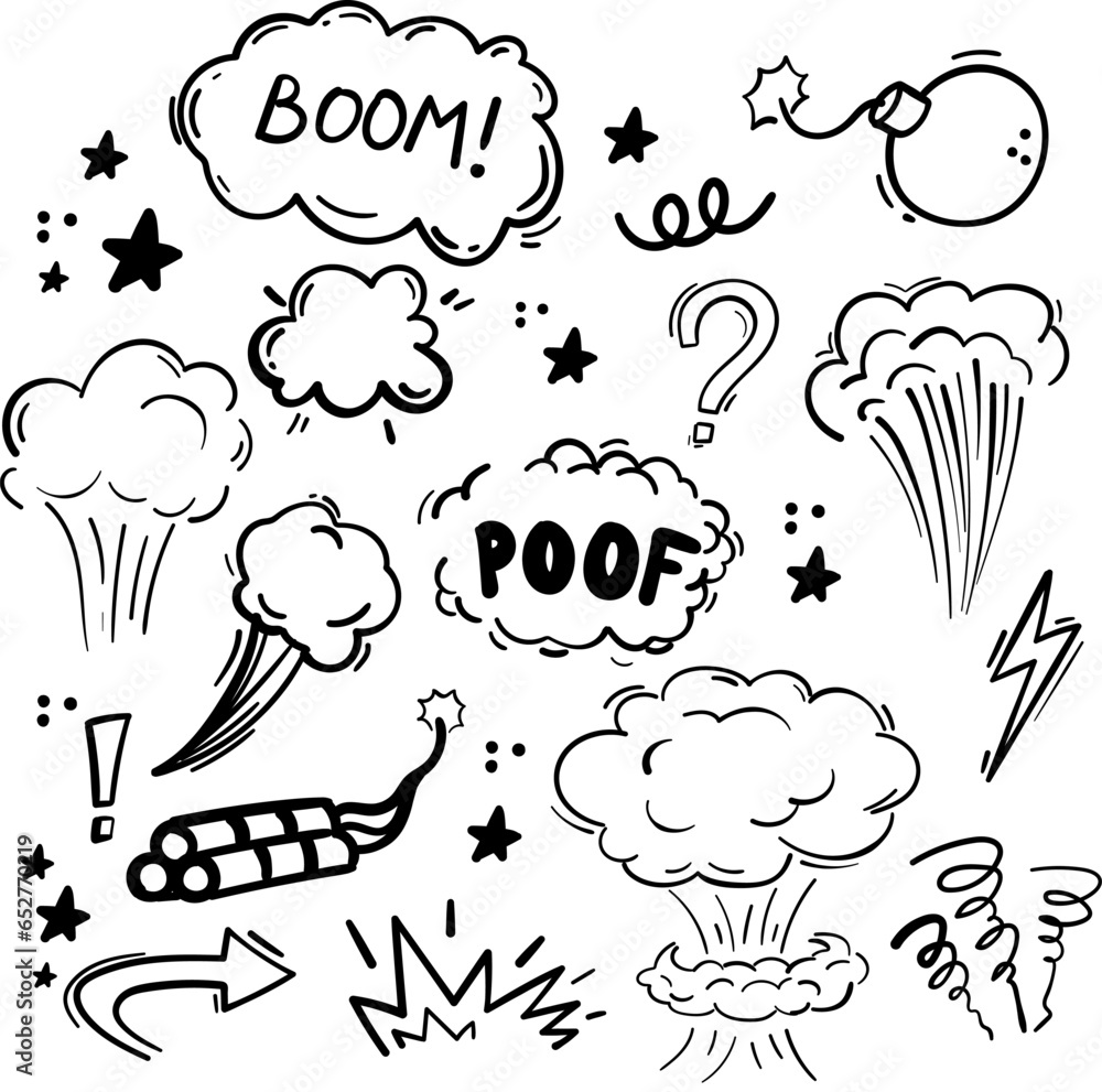 Naklejka premium Comic bomb boom vector element. Hand-drawn cartoon explosion bomb effect, splash, exclamation smoke element. Doodle hand-drawn elements