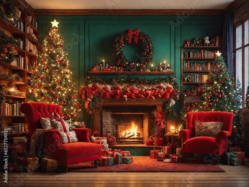 Fireplace Room Christmas Digital Backdrop photography background Christmas tree stockings props Christmas presents gift box overlays library