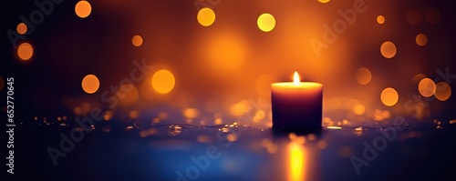 Candle lights at the edge of blurred festive background.  Decorative golden shiny candle lights. Abstract festive backdrop for Christmas, New year, holidays. Banner with copy space photo