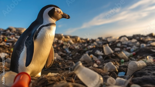 The penguin is standing on the shore with Marine plastic and polluted household garbage  Environmental disaster in sea.