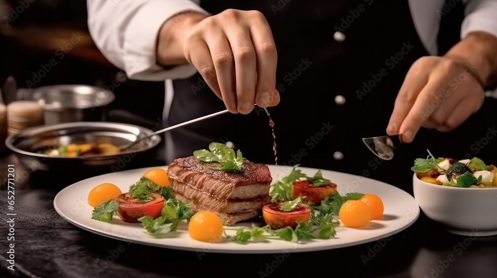 Making food, Chef is arranging food on a plate.