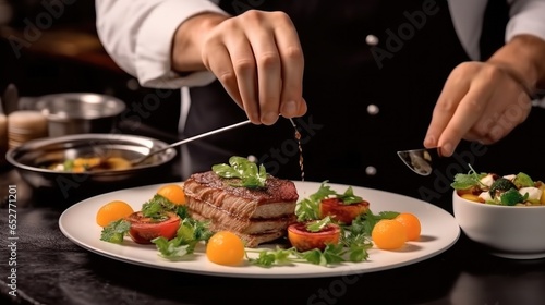 Making food, Chef is arranging food on a plate.