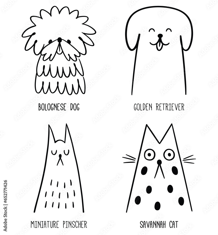 Pet portrait. Contour dog head. Doodle sticker set. Linear icon, logo