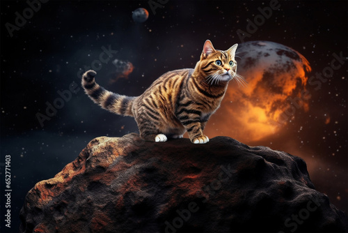 a cat in space standing on an asteroid