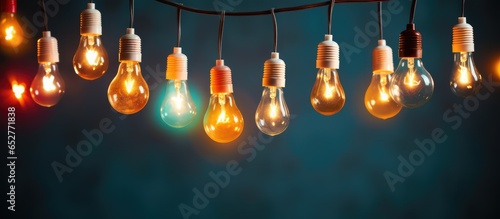 Blurred light bulb garland against dark backdrop space for text