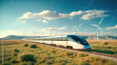 Fast passenger train with wind turbine background.