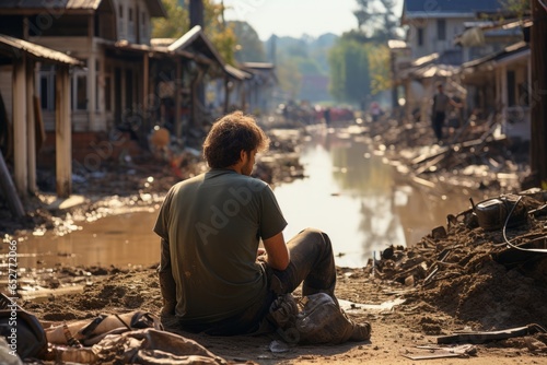 Disaster relief worker providing aid in the aftermath of a natural disaster, Generative AI