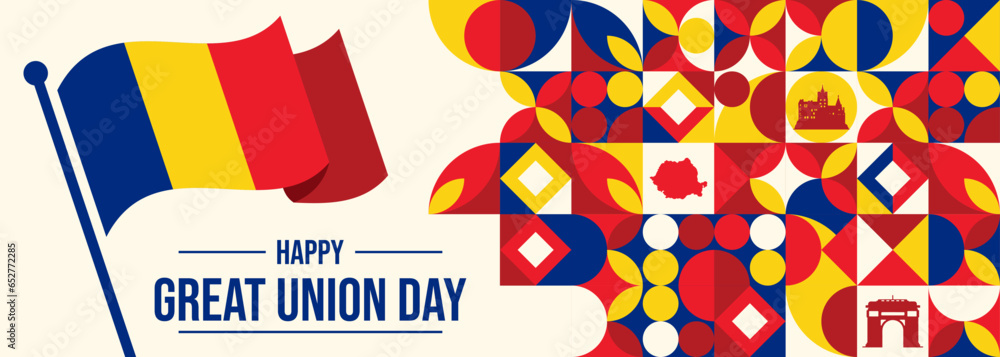 Romania national day banner with Romanian flag colors theme background and geometric abstract retro modern blue yellow red design. Raised fists of patriot supporters. Triangles Vector Illustration.

 - obrazy, fototapety, plakaty 