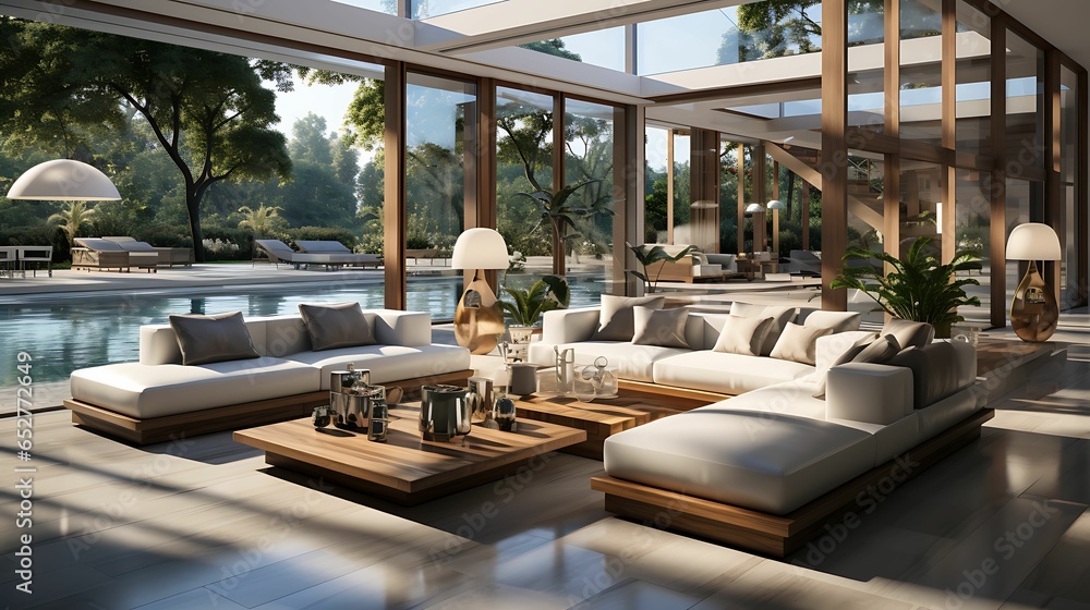 Chic and modern living room overlooking the swimming pool in the garden.