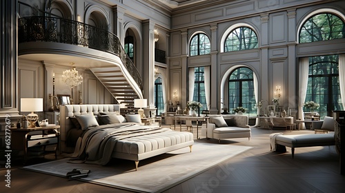 A neoclassical bedroom featuring a grand bed with ornate detailing