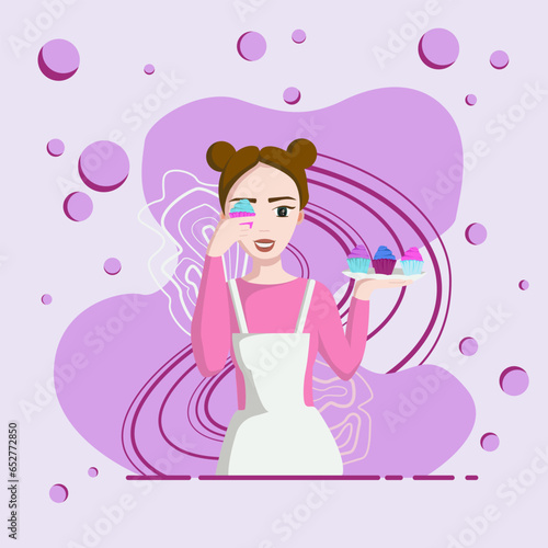 Girl confectioner treats cupcakes, which she prepared herself