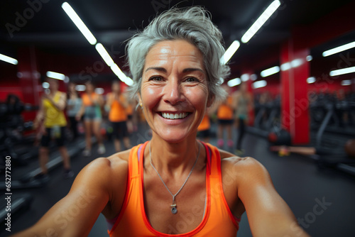Old senior lady smiling happy for blog inspiration and progress post. Fitness, exercise fitness gym takes selfie portrait of female woman happy about workout training motivation body wellness. 