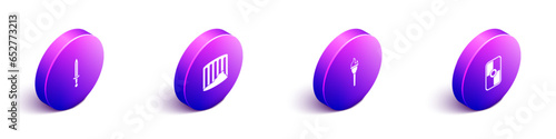 Set Isometric Medieval sword, Ancient column, Torch flame and Greek shield icon. Vector
