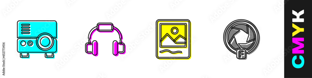 Set Media projector, Headphones, Photo frame and Camera shutter icon. Vector Set Media projector, Headphones, Photo frame and Camera shutter icon. Vector