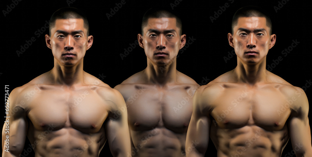 a muscular man shirtless in 3 different color skin tones a muscular man shirtless in 3 different color skin tones