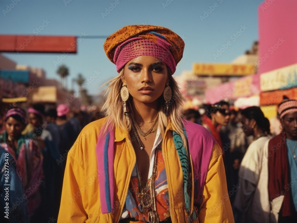 Female Models Rocking 80s Fashion on Modern Urban Streets with Crowds