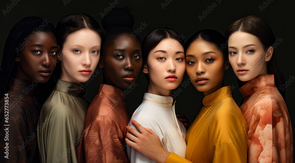 six different race woman wearing silk dress with different color skin and perfect skin tones are posing for a picture