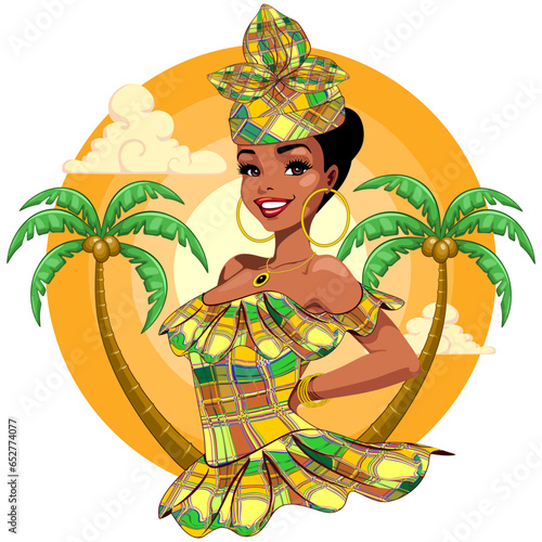 Caribbean girl with Traditional Dress and a Beautiful Smile, surrounded by Exotic Palm Trees Vector Illustration isolated on white (ID: 652774077)