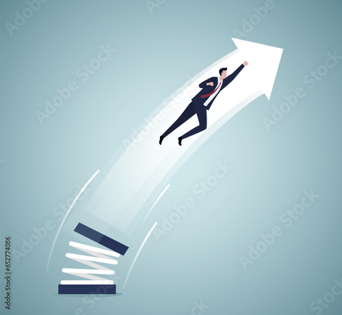 Boost up business growth, improvement, career path or job promote to higher position concept.Businessman high jump with springboard.