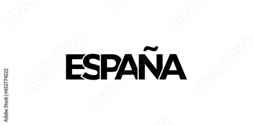 Spain emblem. The design features a geometric style, vector illustration with bold typography in a modern font. The graphic slogan lettering.