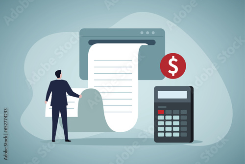 Financial management illustration. Characters paying credit, mortgage, taxes. Personal finances, loans and debt concept. Vector illustration.