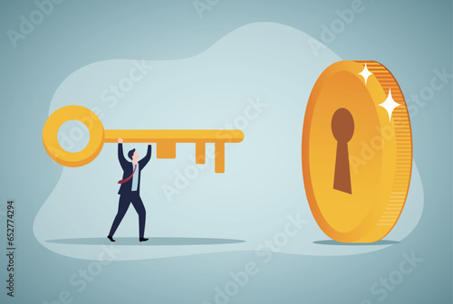 Financial key success, unlock secret reward for investment opportunity, wealth solution to make money and gain profit concept, smart businessman investor holding huge golden key to unlock coin keyhole