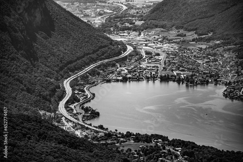 Lugano Lake, Italian: Lago di Lugano. Lookout from Balcony of Italy on Mount Sighignola. Italy and Switzerland. Black and white photography. photo