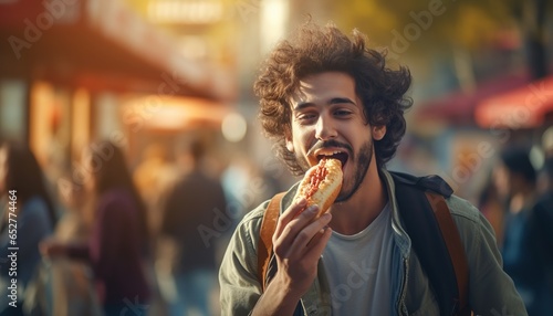 A young man is eating fast food on the street.