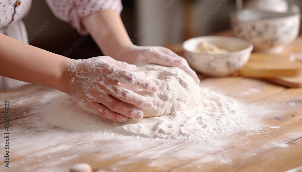 hands kneading dough on table hands kneading dough on table