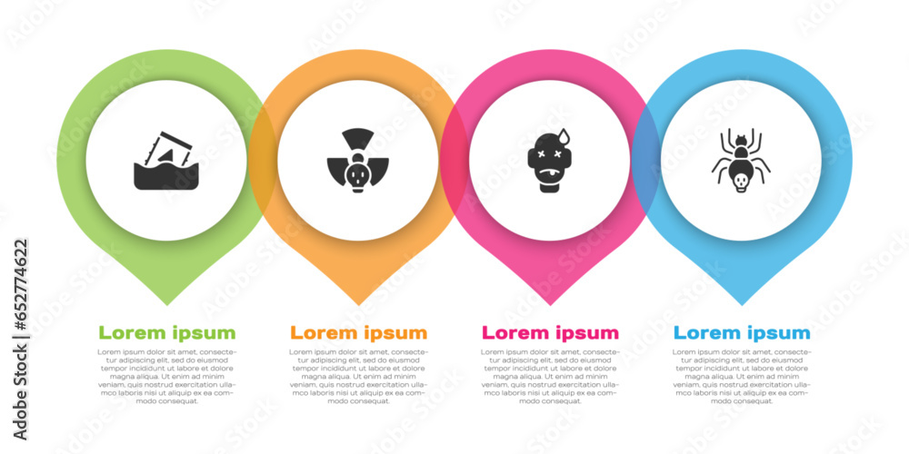 Set Radioactive waste in barrel, Man poisoning and Poisonous spider. Business infographic template. Vector Set Radioactive waste in barrel, Man poisoning and Poisonous spider. Business infographic template. Vector