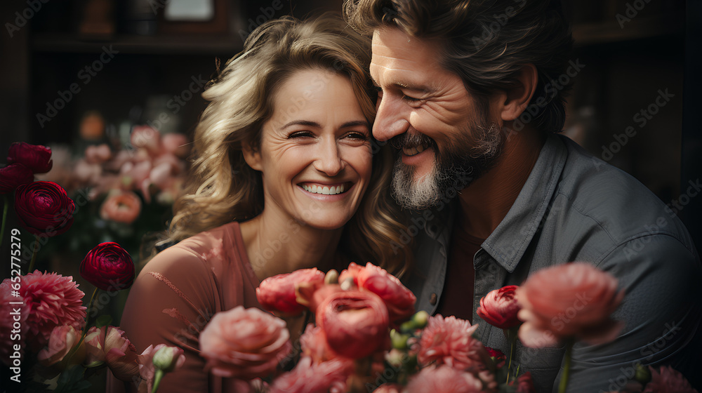 Portrait of a happy couple of florists in a flower shop Portrait of a happy couple of florists in a flower shop