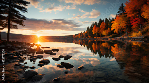 Autumn lake at sunset. Beautiful landscape with forest and lake. © D-Stock Photo