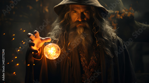Portrait of an old wizard with a magic ball in his hand
