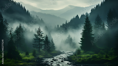 Foggy mountain landscape with a river and coniferous forest
