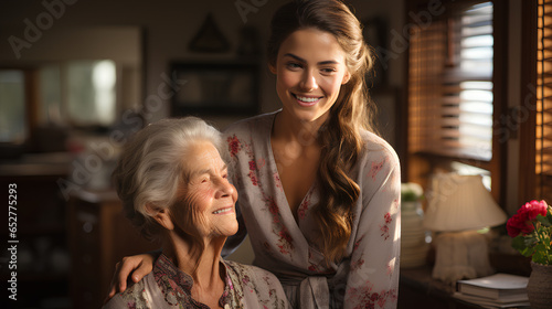 Portrait of a smiling senior woman with her caregiver at home