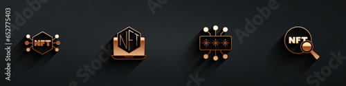 Set NFT Digital crypto art, Laptop with store app, Cyber security and Search icon with long shadow. Vector