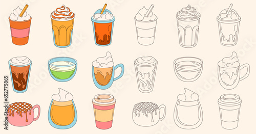 Coffee cups set in doodle style. Various cups line art style drawn collection with cream, straws, caramel and foam. Vector illustration isolated on background.