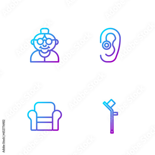 Set line Crutch or crutches, Armchair, Grandmother and Hearing aid. Gradient color icons. Vector