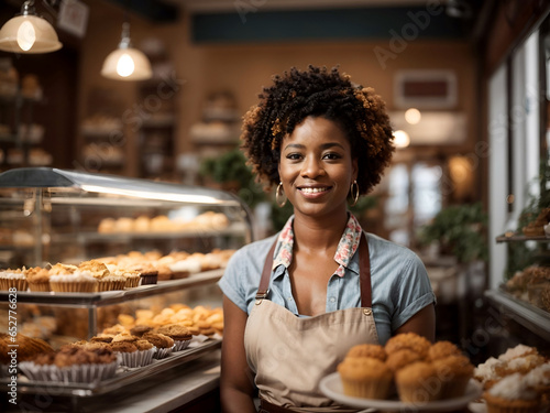 Happy successful african american business woman, entrepreneur staying in her pastry shop, bakery or coffee shop, small business owner, copyspace. 