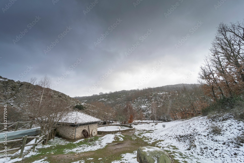 Solitary house near mountains in the town of La Hiruela, Madrid, Spain